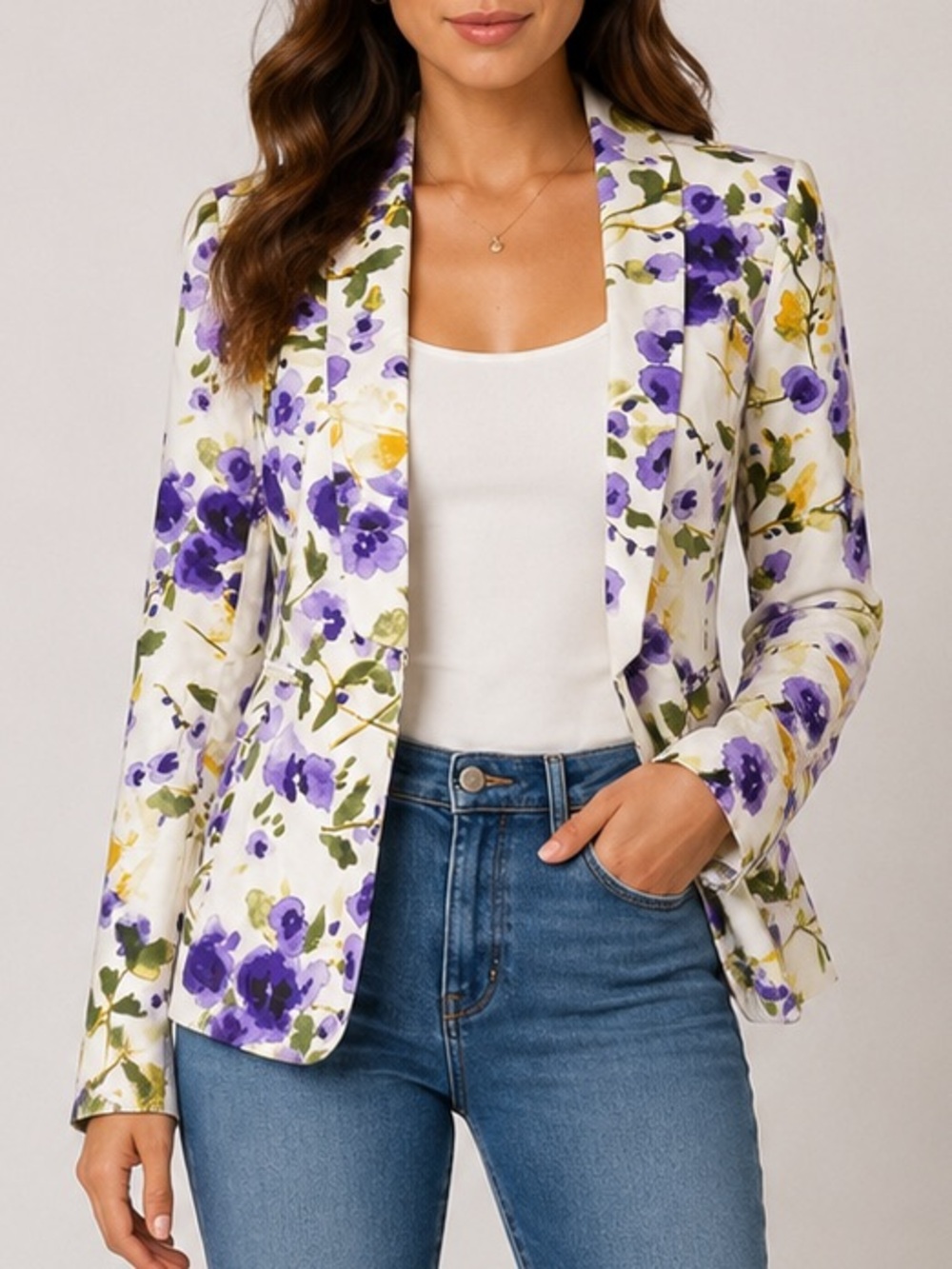 Isabella DeMarco Floral Cotton Blazer White Purple Career Jacket Size 8